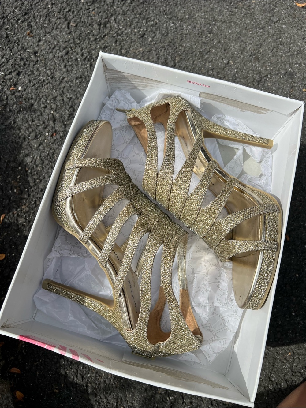 Chinese Laundry Gold Glitter Strappy High Heel Sandals
